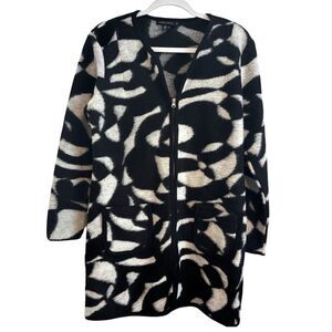 Parkhurst Long Aline Coat Large Black White Wool Blend Abstract‎ Classic Modern